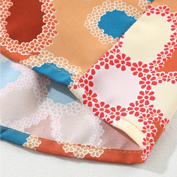 Apricot Boho Flower Print Puff Sleeve Peplum Top blouse V-Neck - Picture 11 of 13